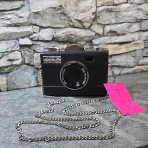 Betsey Johnson Black Camera Crossbody with Silver Chain